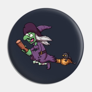 Cartoon Witch On Broom With Black Cat Pin