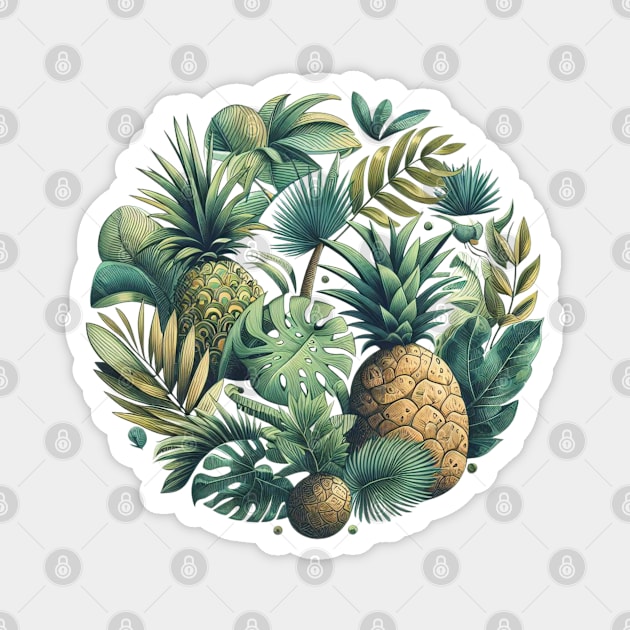 Tropical Vibes Round Composition - Laid-Back and Exotic Feel with Palms and Pineapples Magnet by CreativeArtss