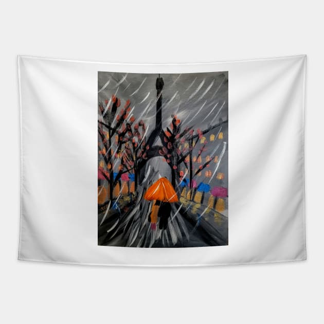 Couple window shopping in Paris in the rain Tapestry by kkartwork