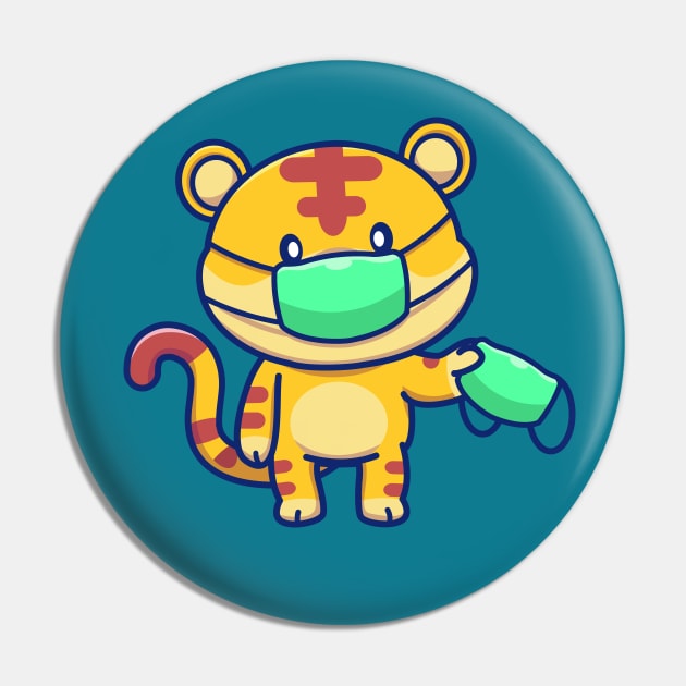 Cute Tiger Wearing And Holding Mask Cartoon Pin by Catalyst Labs