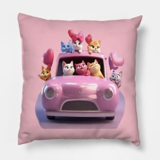 Happy cats in a pink car driving to valentines cat parade. Pillow