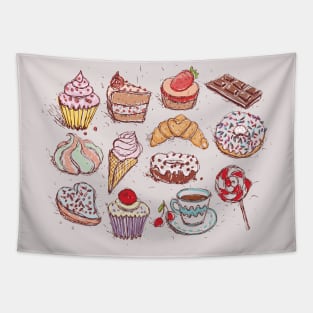 Hand drawn confectionery croissant Cupcake candy marshmallow ice cream cake donut and coffee. Tapestry