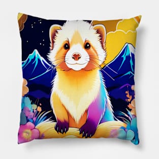 Cute Ferret with Floral Elements in Watercolor art Pillow