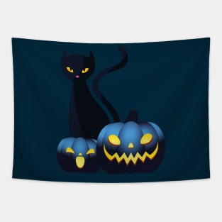 Halloween Spooky Pumpkins Black Cat and Happy Fall Season Autumn Vibes Tapestry