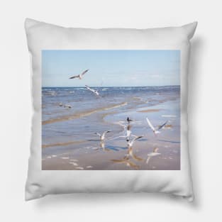Flock of seagulls flying above the water Pillow