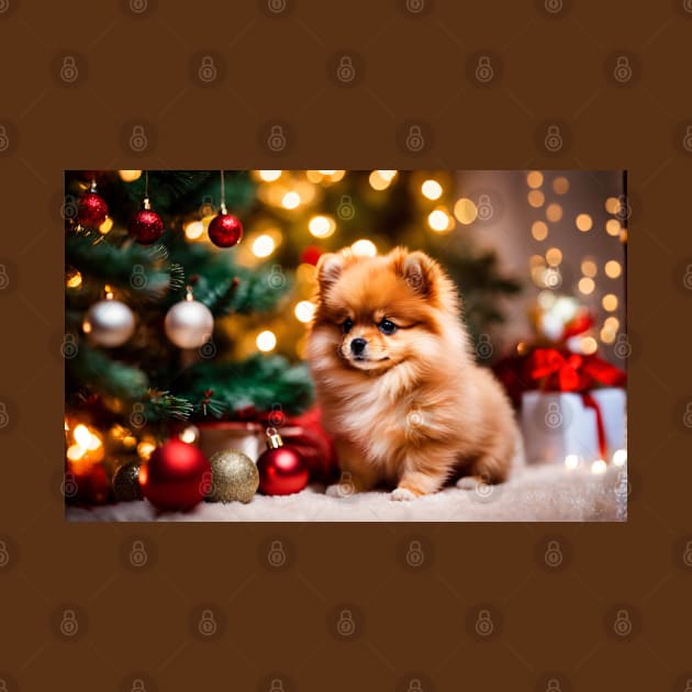 Tiny Pomeranian Puppy Dog by Christmas Tree by nicecorgi