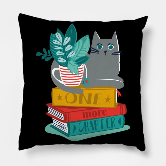 One more chapter // spot // black background grey cat striped mug with plants orange teal and yellow books with quote Pillow by SelmaCardoso