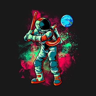 Astronaut Baseball Batting Earth In Outer Space T-Shirt