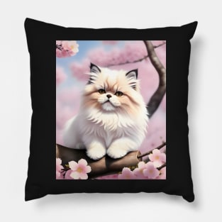 Persian cat in a cherry blossom tree - Modern digital art Pillow