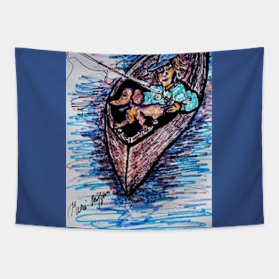 Fishing with my dog on a canoe Tapestry