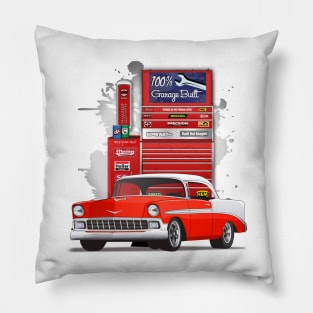 1956 Matador Red and White Chevy Bel Air Garage Built Print Pillow