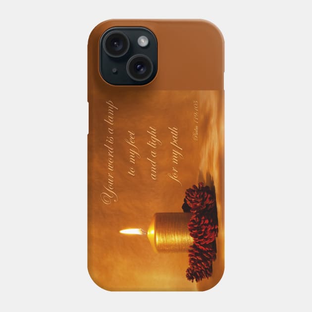 Bible quote with Christmas candle in golden light with pine cones Phone Case by SPJE Illustration Photography