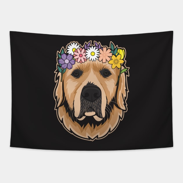 Golden Retriever Wearing A Flower Crown Tapestry by Dogiviate