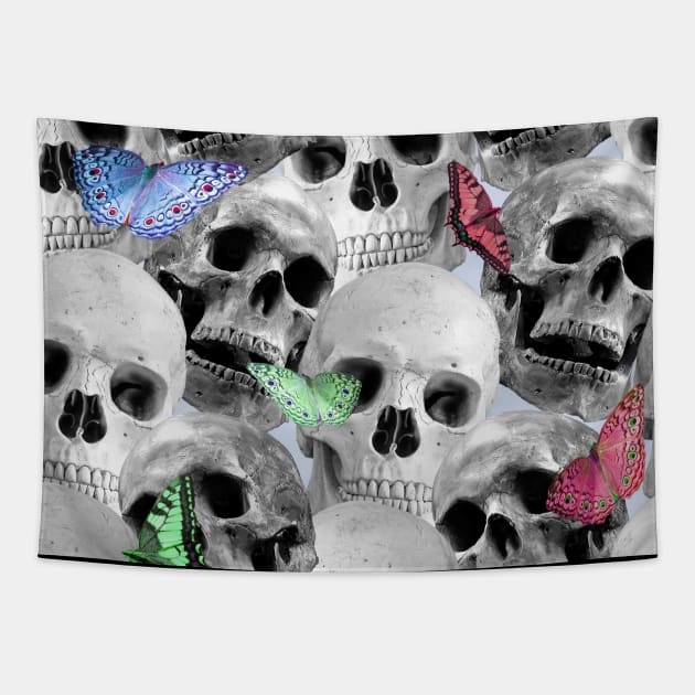 Skull Butterfly, Skulls And Rainbow Butterflies Tapestry by Random Galaxy