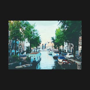 Amsterdam canal boats watercolor art painting T-Shirt