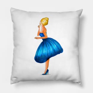 Blonde girl in blue dress Pillow