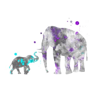 Mom and Baby Elephant Watercolor Painting Lilac Blue T-Shirt