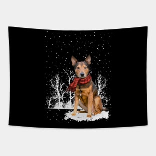 Christmas Shepherd Terrier With Scarf In Winter Forest Tapestry