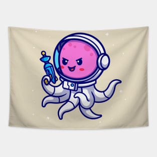 Cute Octopus Astronaut Holding Weapon Cartoon Tapestry