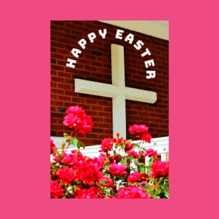 Happy Easter Cross and Red Flowers T-Shirt