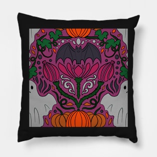 Spooky Ghosts Cute Halloween Damask Print with Ghosts and Bats and Pumpkins Pink Pillow