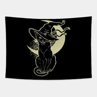 Black Cat Witch Halloween,Vintage Scary Halloween Black Cat, Costume Witch Hat Moon Tapestry