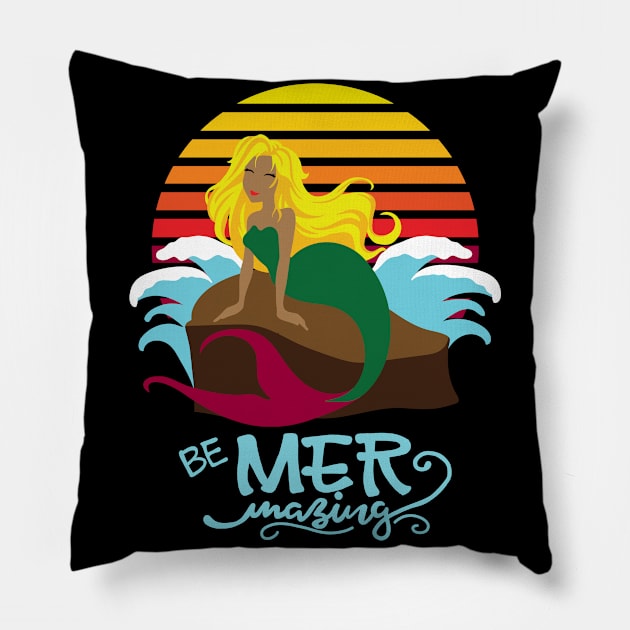 Retro Sunset with Mermaid, "Be Mer mazing" Pillow by Designs by Darrin