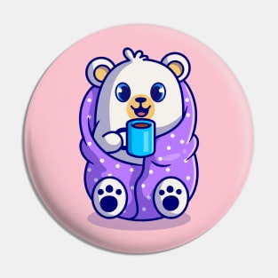 Cute Polar Bear Wearing Blanket And Drink Hot Coffee Cup Cartoon Pin