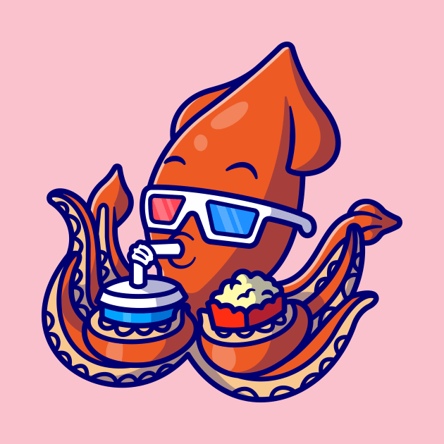 Cute Squid Watching Movie With Popcorn And Drink Cartoon by Catalyst Labs