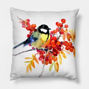 Great Tit Bird and Berries Pillow