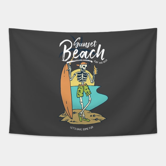 Sunset Beach Surfing | Skeleton Drinking Surfer Cali Cool Tapestry by MrWatanabe