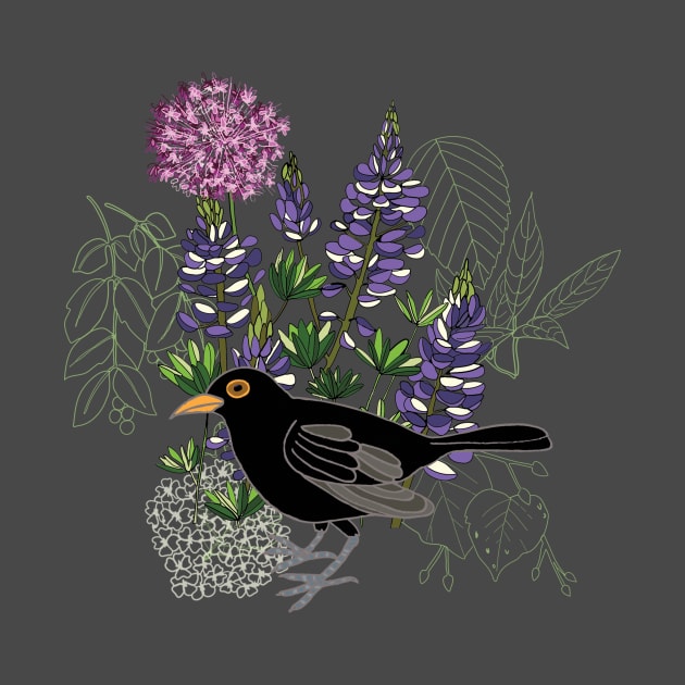 Blackbird in purple paradise by Naty Design Prague