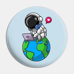 Cute Astronaut Working With Laptop On Earth Cartoon Pin