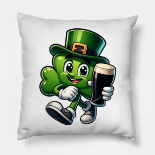 Irish Shamrock cartoon character holding a pint Pillow