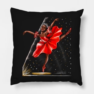 Ballet, African American ballerina in red pointe shoes, dress and crown 2 - ballerina doing pirouette in red tutu and red shoes  - brown skin ballerina Pillow