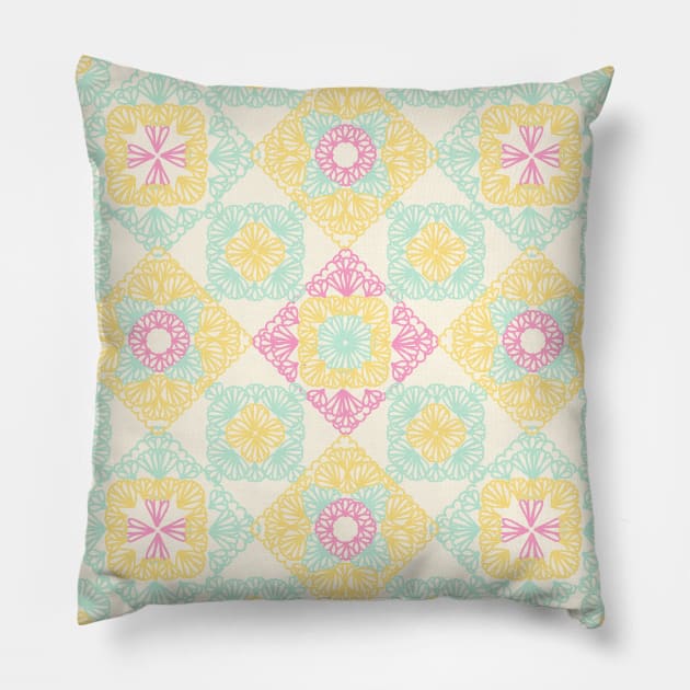 Pink, yellow and turquoise granny squares over cream Pillow by marufemia