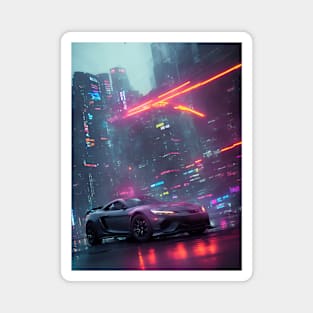 Dark Neon City Sports Car Magnet