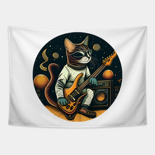 Musician Cat Space Galaxy - Cat Playing Guitar Tapestry by Synithia Vanetta Williams