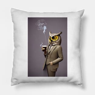 Owl Emoji Drinking Coffee Pillow