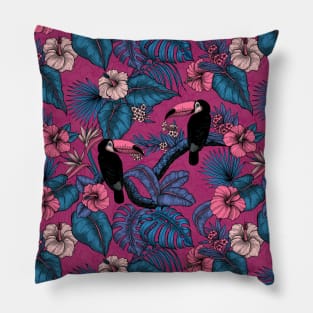 Toucan garden in violet and blue Pillow