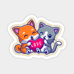 Cute Cat and Cute Dog Holding Love Cartoon Magnet