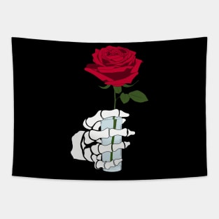 Skeleton Hand Holding Red Rose Tapestry