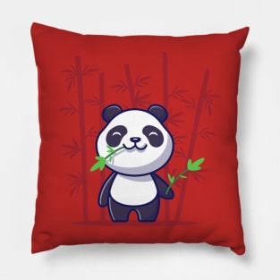 Cute Panda Eat Bamboo Cartoon Vector Icon Illustration Pillow