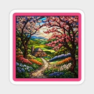 Stained Glass Springtime Path To A Cabin Magnet