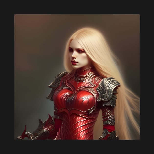 Sexy blonde fantasy vampire warrior red armor dark artwork by PrancingPeekees