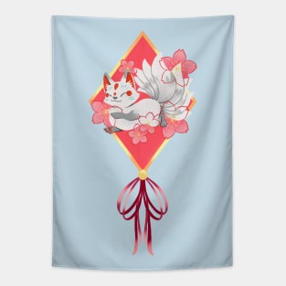 Kitsune Love - a cute Japanese fox and cherry blossoms illustration Tapestry