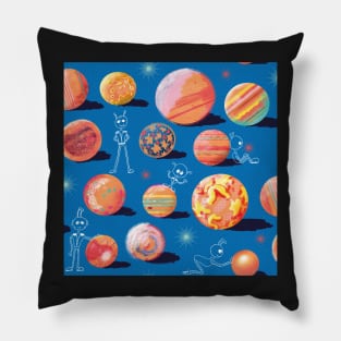 Fallen Jupiter Moons orange on blue pattern Pillow