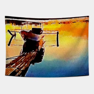 Colorful Sunset Fishing boat painting Tapestry
