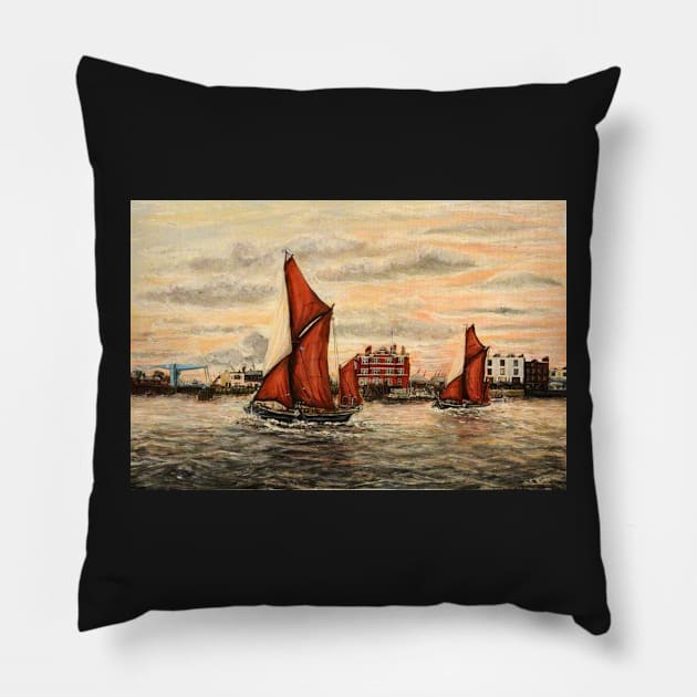 THAMES SAILING BARGES PASSING BLACKWALL,  RIVER THAMES Pillow by MackenzieTar