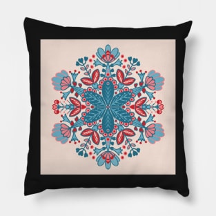 Blue, Pink and Red Mandala Snowflake Pattern Pillow